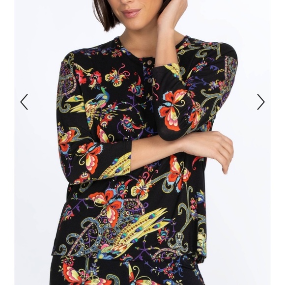 Johnny Was Pottery Henley 3/4 Sleeve Floral Print Tee Shirt - Picture 2 of 10